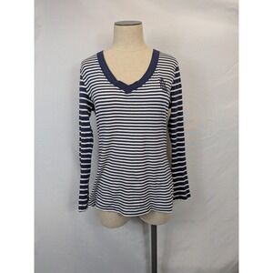 Lauren Ralph Lauren Striped V-Neck Top Medium Navy White Preppy Nautical Luxe